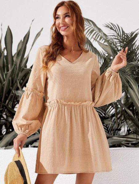

luukse lantern sleeve keyhole back frill trim dress b13c#, Black;gray