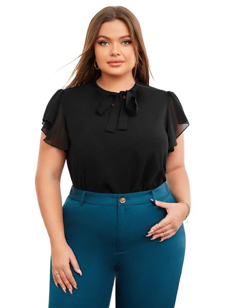 

emery rose plus tie neck flutter sleeve blouse a6t5#, Black