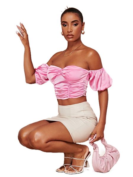 

off shoulder ruched satin blouse x6al#, White