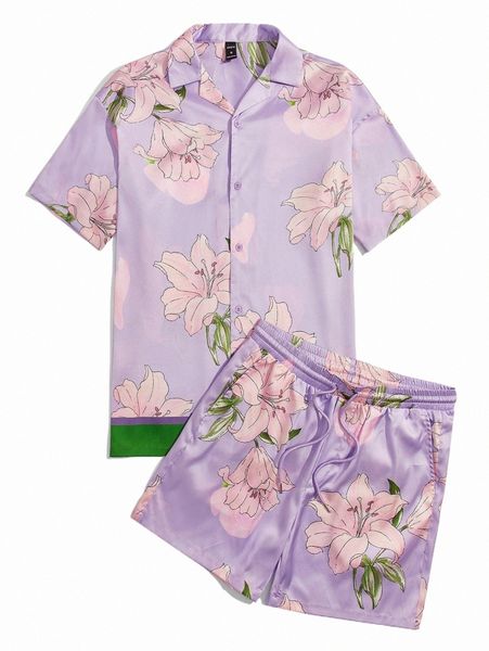 

men floral print contrast trim shirt & drawstring waist shorts p0z4#, Gray