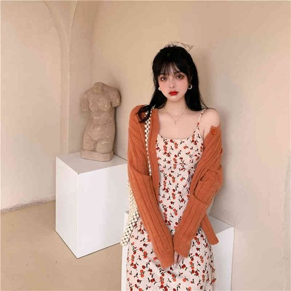 JXMYY Herbstprodukt Mode Temperament Orange Strickjacke Jacke Französisch Fee Schlinge Blumenkleid weiblich 210412