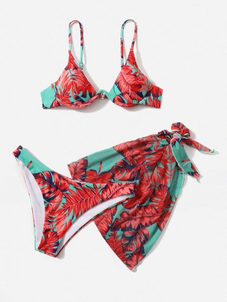 

3pack plant print push up bikini swimsuit & beach skirt z9su#, White;black