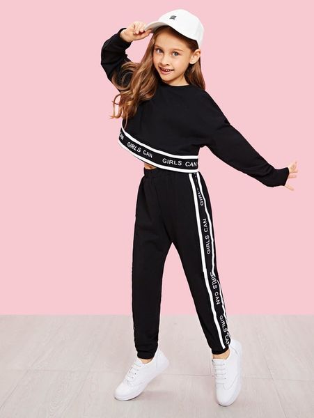 

girls lettering trim pullover & pants set she, White