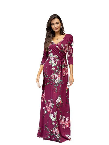 

dearcase floral print surplice neck belted dress q1yv#, Black;gray