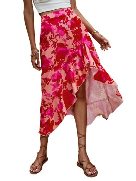 

floral print ruffle trim asymmetrical hem skirt q6gk#, Black