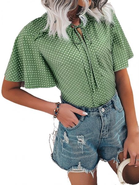 

polka dot flutter sleeve tie neck blouse l5uy#, White