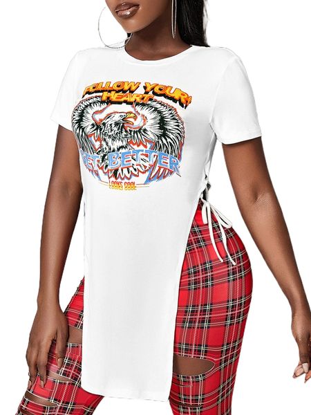 

sxy slogan & eagle print lace up side tee e3zu#, White