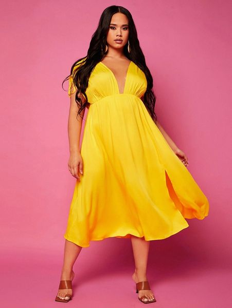 

plus drawstring shoulder plunging neck split thigh dress 08cr#, Black