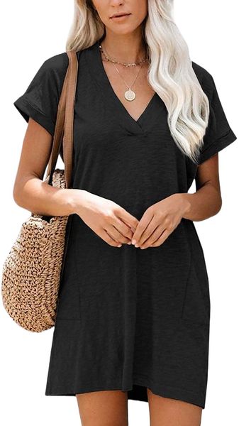 

womens summer short sleeve v-neck tunic dress with patch pockets u1do#, Black;gray