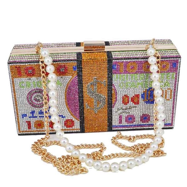 

crystal box clutches pink dollar money party shoulder bags for ladies chain crossbody women banque evening bags 220620