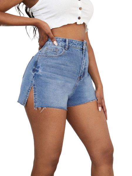 

high waist raw hem split denim shorts 2218#, White;black