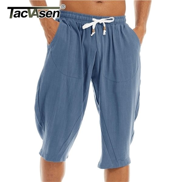 

tacvasen casual linen long shorts loose fit men's cotton linen harem shorts below knee baggy yoga fitness 3/4 pants 220402, White;black