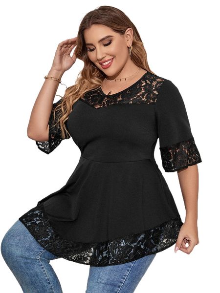 

plus contrast lace flounce sleeve tee w4ga#, Black