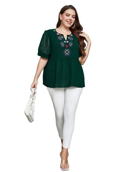 

plus notched neck puff sleeve babydoll blouse e12h#, Black