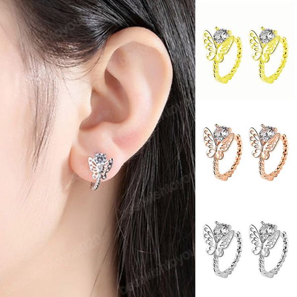

fashion butterfly shape pendant hoop earrings statement cute big round circle drop earrings luxury zircon jewelry accessories, Golden;silver