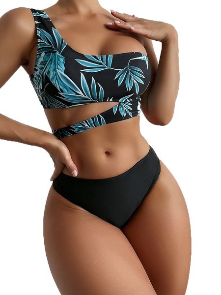 

plant print cut-out one shoulder bikini swimsuit p1xi#, White;black