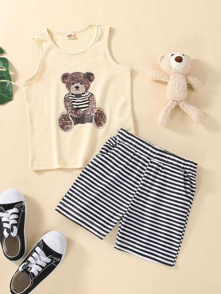 

toddler boys bear print tank & striped shorts she02, White