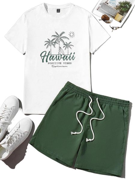 

men coconut tree & letter graphic tee & drawstring waist shorts a3fv#, Gray