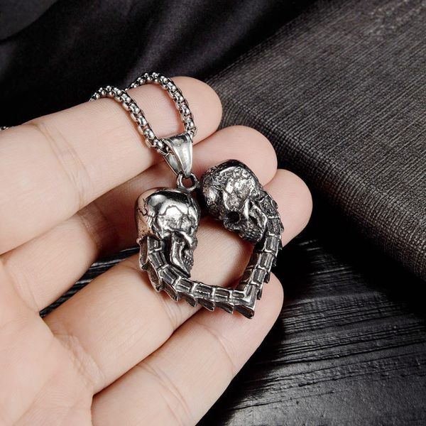 

12pcs goth heart double skull pendant necklace for halloween couple friend's gift, Silver