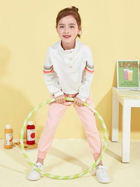 

girls block striped half button sweatshirt & sweatpants she, White