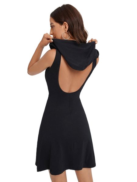 

x adrienne alexis solid hooded neck backless dress t0yn#, Black;gray