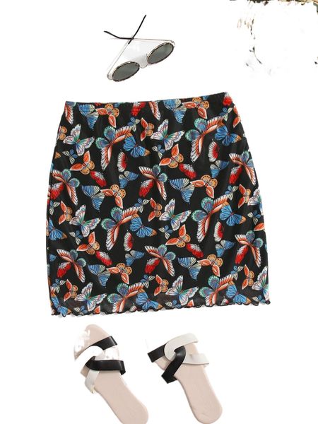 

b.utterfly p.rint l.ettuce t.rim m.esh s.kirt 69k7#, Black