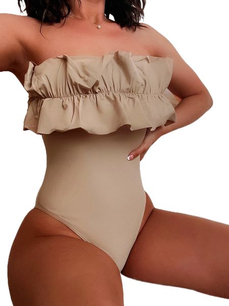 

ruffle trim tie back bandeau one piece swimsuit x7no#, White;black