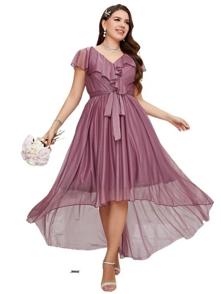 

plus ruffle trim high low hem belted glitter bridesmaid dress y58b#, Black