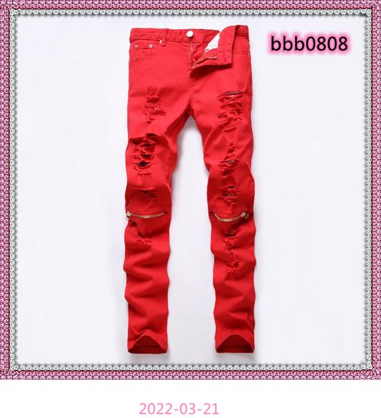 

ankle zipper mens jeans slim straight distressed hole ripped jeans men black white red skinny jogger pants male designer trouser, Blue