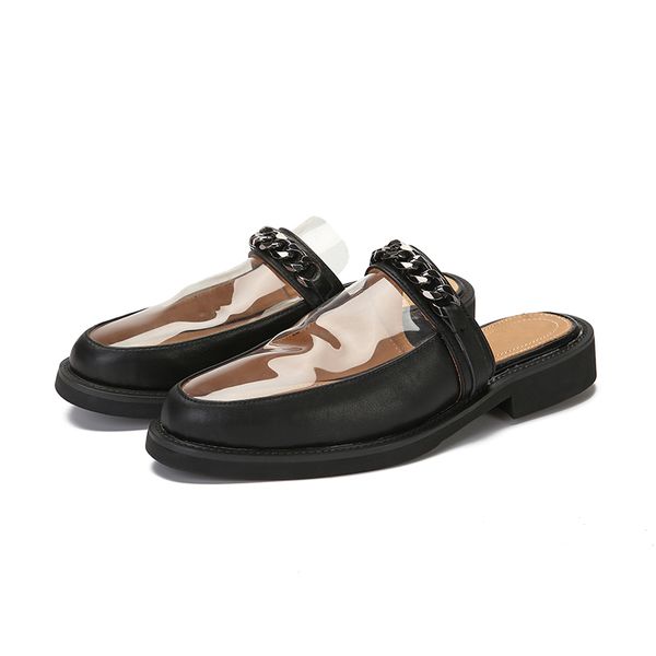 

handmade half slippers full grain leather chains casual shoes flat heel mens transparent outdoor shoes, Black