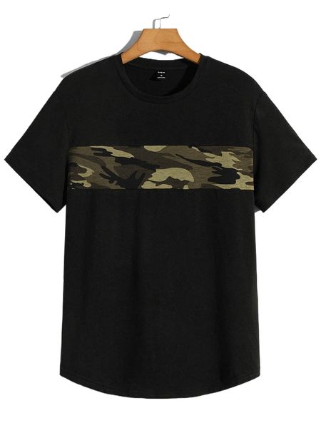 

men camo panel curved hem tee j6nl#, White;black