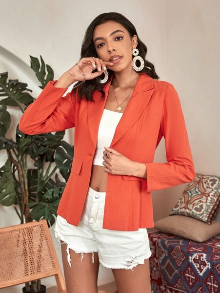 

solid single button blazer p8ve#, White
