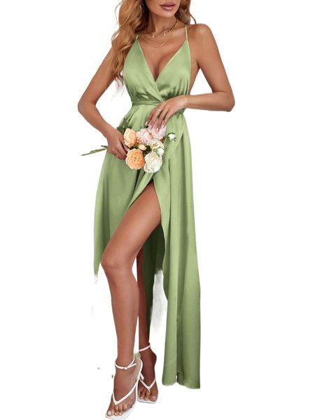 

criss cross tie backless wrap hem satin cami dress z3go#, Black;gray