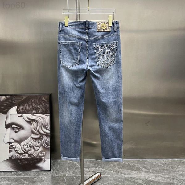 

men's jeans designer chao brand little bee embroidery new 2022 summer korean men's jeans non ironing pants straight leg beqm, Blue