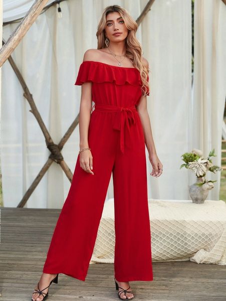 

off shoulder ruffle belted jumpsuit g8gu#, Black;white