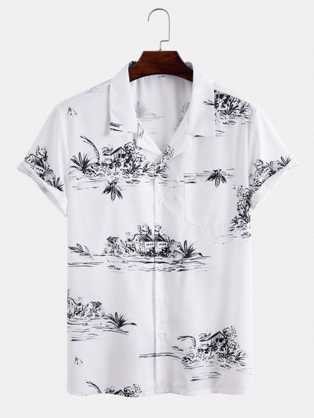 

men landscape print patched pocket shirt n2is#, White;black