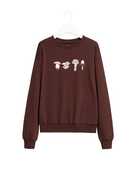 

x caitlin jane drop shoulder mushroom print pullover c61a#, Black