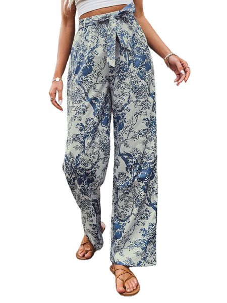 

floral print belted wide leg pants b30d#, Black;white