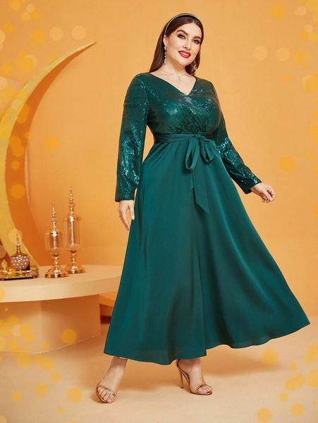 

plus sequins panel belted dress 48qt#, Black