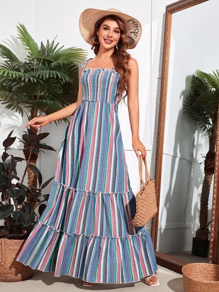 

tie shoulder ruffle hem striped cami dress g2pc#, Black;gray