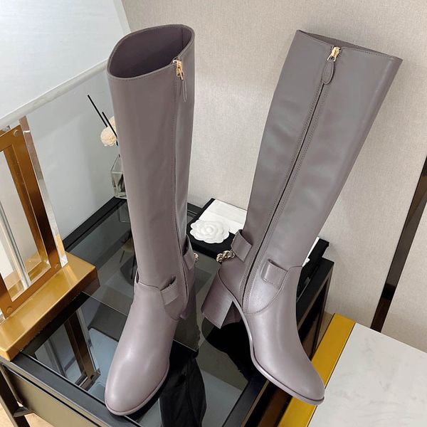 

classic chain zipper boots for woman calfskin chunky heel 3cm / 6.5cm genuine leather injection sole designer ladies knee boot luxury flat s, Black