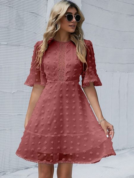 

swiss dot flounce sleeve guipure lace appliques dress c3ax#, Black;gray