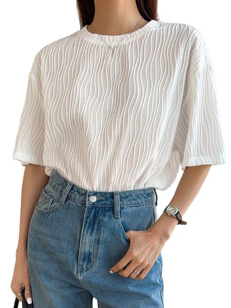 

dazy solid drop shoulder textured tee j3r2#, White
