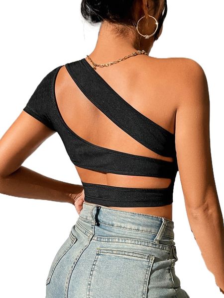 

petite cut out one shoulder crop q0e4#, White
