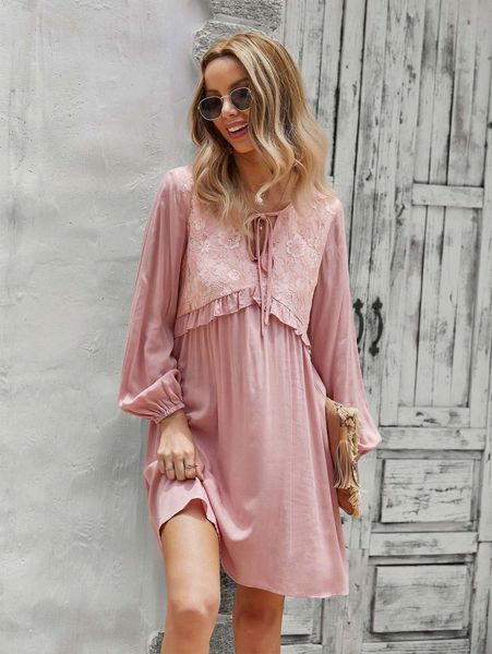 

solid tie neck ruffle trim dress g7fz#, Black;gray