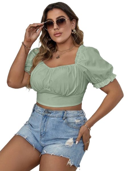 

plus sweetheart neck puff sleeve ruched crop blouse e3cd#, Black