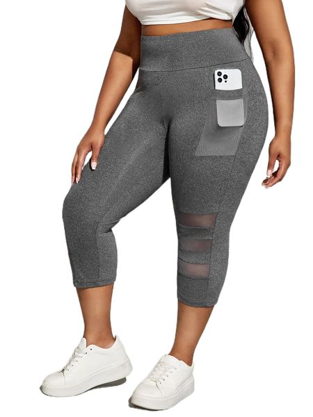 

sxy plus contrast mesh wideband waist leggings with phone pocket a9qb#, Black
