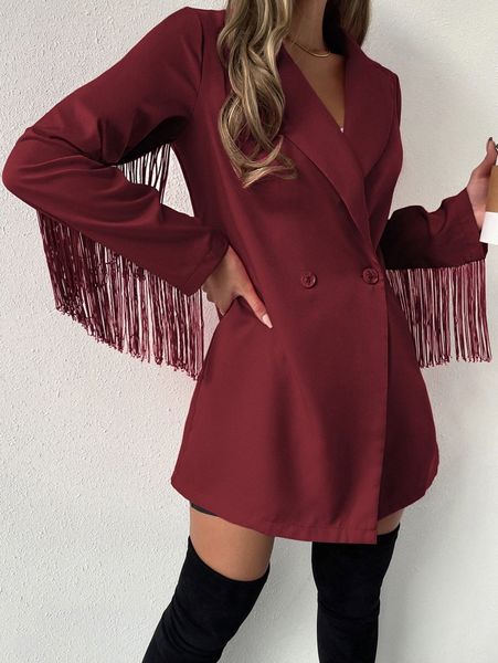 

lapel neck fringe trim longline blazer l9jv#, White