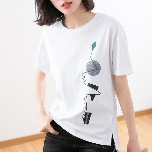 

camiseta mujer geometric t shirt women summer woman clothes print loose t-shirt cotton womens tee femme, White