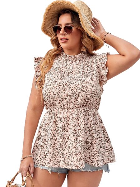 

plus allover print keyhole back butterfly sleeve peplum blouse b1sr#, Black